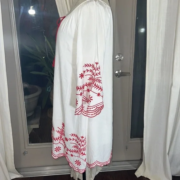 CC Chic Connection white tunic long shirt red embroidery tassel tie dress Small​ - Picture 3 of 16